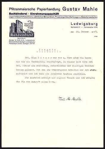 Rechnung Ludwigsburg 1947, Gustav Mahle, Pfitzenmaiersche Papierhandlung, Buchbinderei, Werbung für den Handeinband
