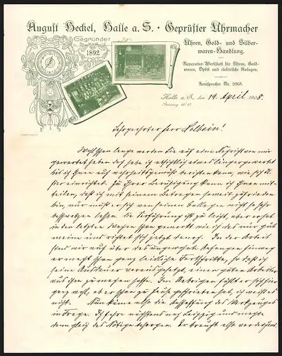 Rechnung Halle a. S. 1908, August Heckel, Geprüfter Uhrmacher, Uhren, Gold- und Silberwaren, Ladenansichten