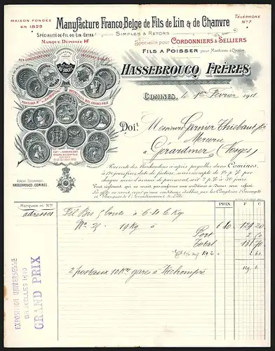 Rechnung Comines 1911, Hassebroucq Frères, Manufacture Franco-Belge de Fils de Lin & de Chanvre, Auszeichnungen