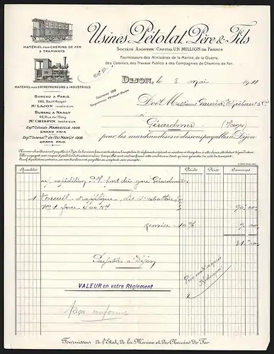 Rechnung Dijon 1911, Usines Pétolat Père & Fils, Matériel pour Chemins de Fer & Tramways, Lokomotive und Waggon