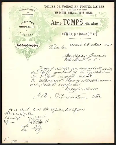 Rechnung Chaum 1911, Aimé Tomps Fils Ainé, Toiles de Voiron en Toutes Laizes, Filées & Tissées a la main