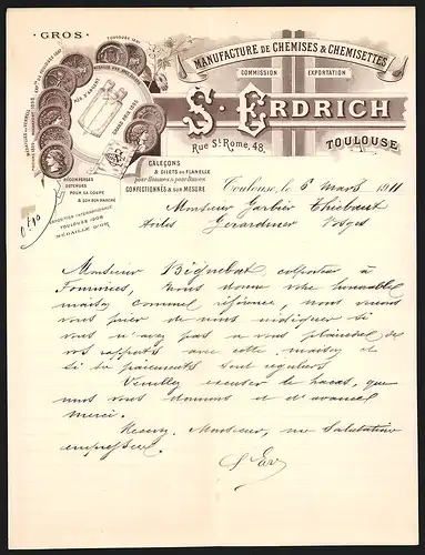 Rechnung Toulouse 1911, S. Erdrich Manufacture de Chemises & Chemisettes, Gewonnene Auszeichnungen