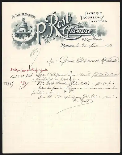 Rechnung Rodez 1913, P. Rost Chemisier, Lingerie, Trousseaux, Layettes, Darstellung eines Bienenstocks