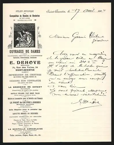 Rechnung Saint-Quentin 1914, E. Dehove Dessinateur, Ouvrages de Dames, 14 Rue des Toiles, Stickerin bei der Arbeit