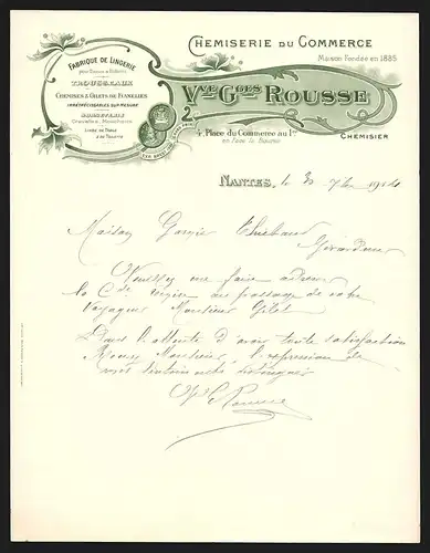 Rechnung Nantes 1914, Vve. Gges. Rousse, Chemiserie du Commerce, Fabrique de Lingerie, Auszeichnungen