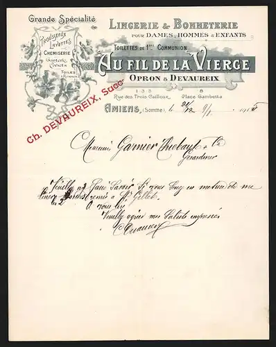 Rechnung Amiens 1915, Au Fil de la Vierge Opron & Devaureix, Lingerie & Bonneterie pour Dames, Hommes & Enfants