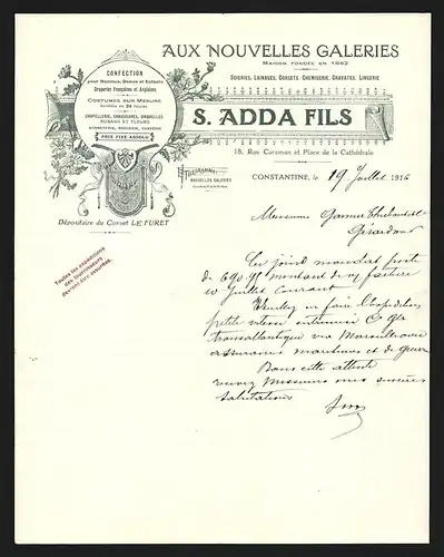 Rechnung Constantine 1916, S. Adda Fils Aux Nouvelles Galeries, Confection pour Hommes, Dames et Enfants