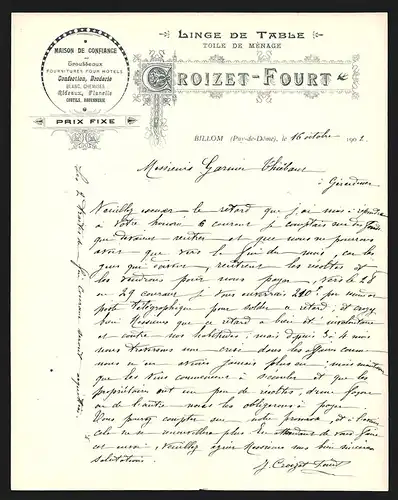 Rechnung Billom 1902, Croizet-Fourt Maison de Confiance, Linge de Table, Toile de Ménage
