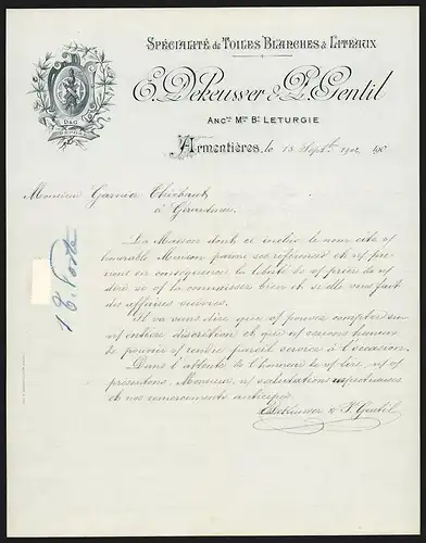 Rechnung Armentières 1902, E. Dekeusser & P. Gentil Spécialité de Toiles, Blanches & Liteaux, Firmenlogo