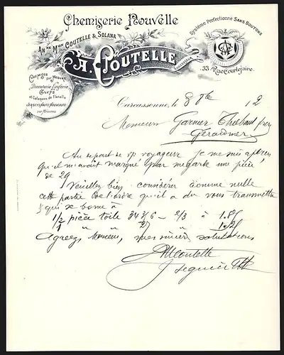 Rechnung Carcassonne 1912, A. Coutelle Chemiserie Nouvelle, Chemises sur Mesure, 33 Rue Courtejaire, Firmenlogo