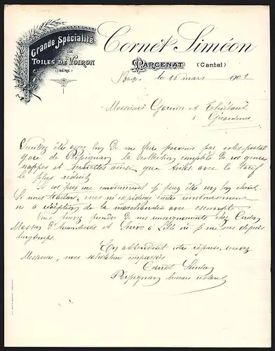Rechnung Marcenat 1902, Cornet Siméon Grande Spécialité de Toiles de Voiron