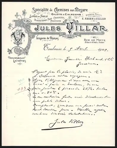 Rechnung Toulouse 1909, Jules Villar, Spécialité de Chemises sur Mesure, Gilets & Calecons, Firmenlogo