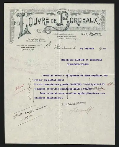 Rechnung Bordeaux 1909, Louvre de Bordeaux Charles Rozier, 94-98 Cours d`Alsace-Lorraine