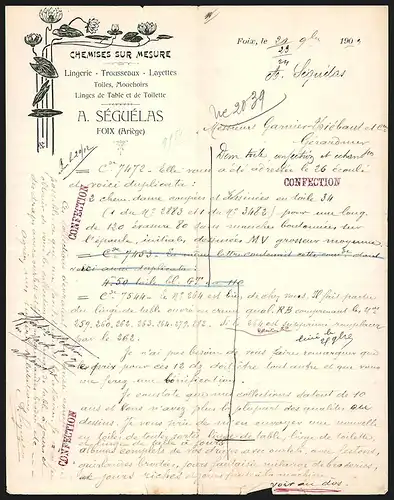 Rechnung Foix 1909, A. Séguélas Chemises sur Mesure, Lingerie, Trousseaux, Layettes, Rahmen aus Seerosen