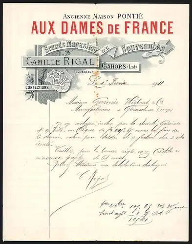 Rechnung Cahors 1911, Aux Dames de France, Camille Rigal Grands Magasins de Nouveautés, Firmenlogo