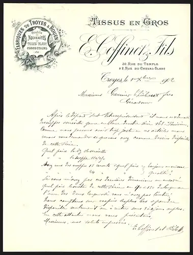 Rechnung Troyes 1902, E. Coffinet & Fils Tissus en Gros, Coutils, Nouveautés, Toiles Blanc, Confections
