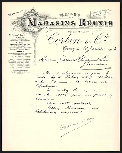 Rechnung Nancy 1902, Corbin & Cie. Maison des Magasins Réunis