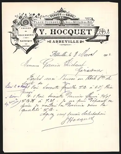 Rechnung Abbeville 1902, V. Hocquet Tissus en Gros, Toiles, Rouennerie, Lainages etc., Place Courbet