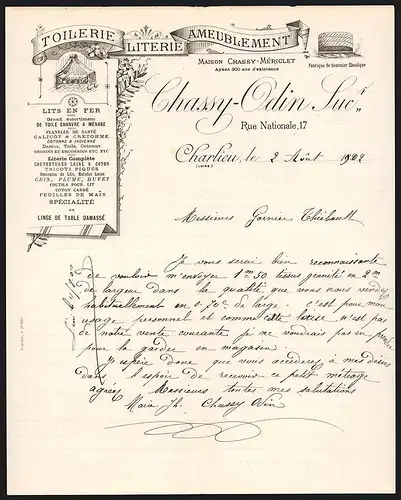 Rechnung Charlieu 1902, Chassy-Odin Suc. Toilerie, Literie, Ameublement, Produktdarstellung