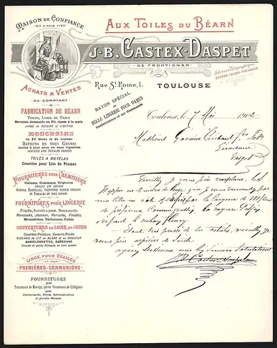 Rechnung Toulouse 1902, J.-B. Castex-Daspet Aux Toiles du Béarn, Achats & Ventes, Spinnerin bei der Arbeit
