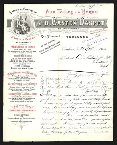 Rechnung Toulouse 1902, J.-B. Castex-Daspet Aux Toiles du Béarn, Fabrication du Béarn, Spinnerin bei der Arbeit