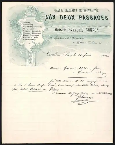 Rechnung Toulon 1902, Maison Francois Garron, Aux Deux Passages, Soieries, Nouveautés, Confections etc.