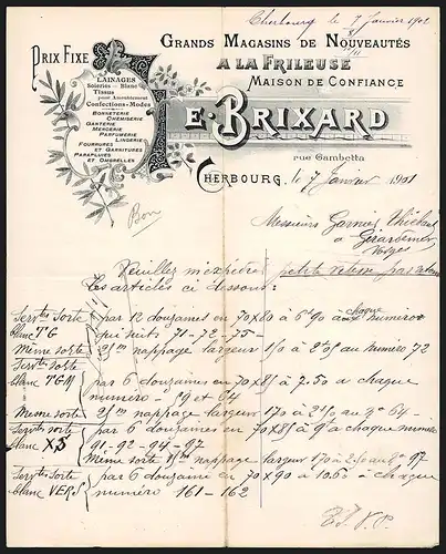 Rechnung Cherbourg 1901, E. Brixard, Grands Magasins de Nouveautés a la Frileuse