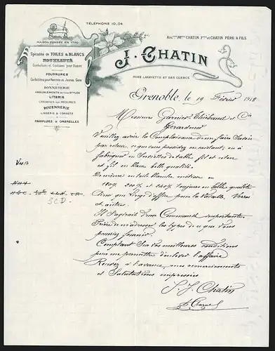 Rechnung Grenoble 1918, J. Chatin, Spécialité de Toiles & Blancs Nouveauté, Darstellung eines Spinnrads