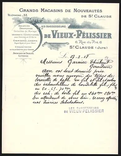 Rechnung St. Claude 1918, Grands Magasins de Nouveautés de Vieux-Pélissier, Soieries, Draperies etc.