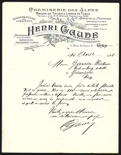 Rechnung Gap 1918, Henri Caude, Chemiserie des Alpes, Maison de Toiles & Linges de Table, 4 Rue Elisée