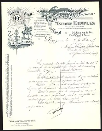 Rechnung Perpignan 1915, Maurice Desplas Tailleur Civil & Militaire, Darstellung von Jeanne d`Arc