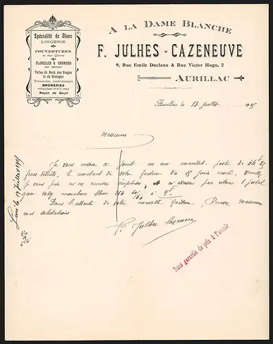 Rechnung Aurillac 1915, A la Dame Blanche, F. Julhes-Cazeneuve, Spécialité de Blanc Lingerie
