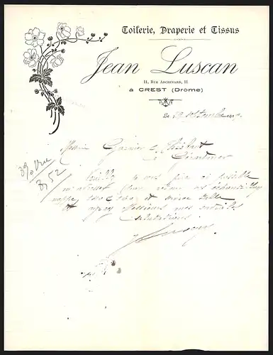 Rechnung Crest 1919, Jean Luscan Toilerie, Draperie et Tissus, 11 Rue Archinard