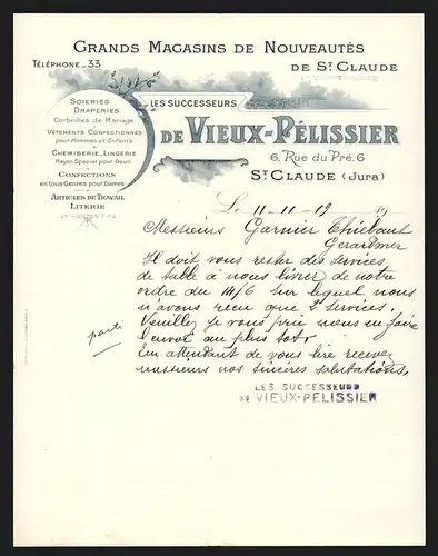 Rechnung St. Claude 1919, Grand Magasins de Nouveautés de Vieux-Pélissier, Soieries et Draperies