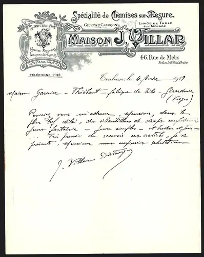 Rechnung Toulouse 1919, Maison J. Villar, Spécialité de Chemises sur Mesure, Firmenlogo