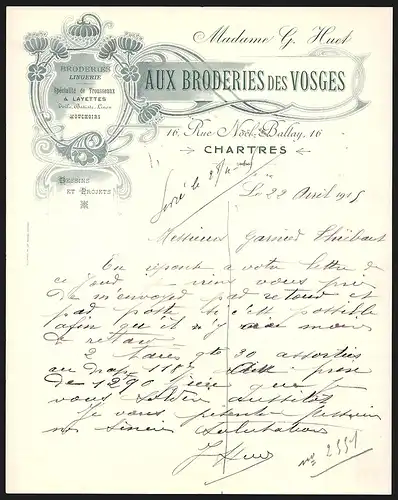 Rechnung Chartres 1915, Aux Broderies des Vosges, Madame G. Huet, Broderies et Lingerie