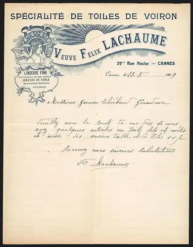 Rechnung Cannes 1919, Veuve Félix Lachaume, Spécialité de Toiles de Voiron, Lingerie Fine, Art Nouveau Frauendarstellung