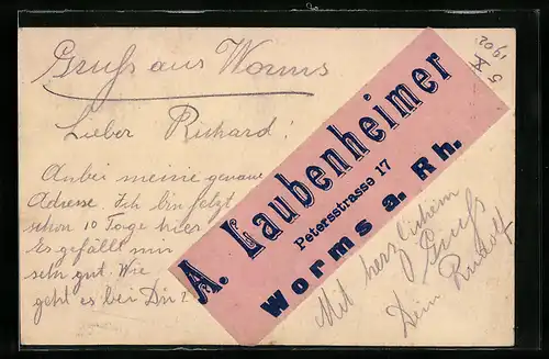 AK Worms /Rh., A. Laubenheimer, Petersstrasse 17, Adress-Zettel