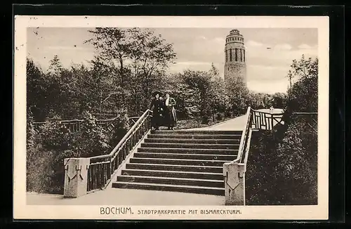 AK Bochum, Stadtparkpartie mit Bismarckturm