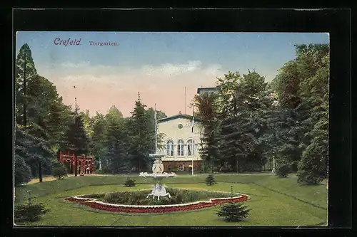 AK Crefeld, Tiergarten, Gebäude und Zierbrunnen