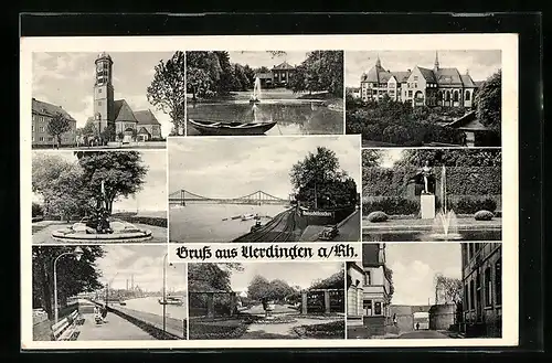 AK Uerdingen /Rh., Uferpromenade, Kirche, Rheinschlösschen mit Brücke