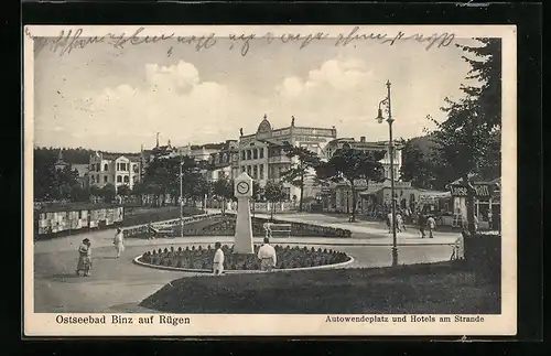 AK Binz /Rügen, Autowendeplatz und Hotels am Strande