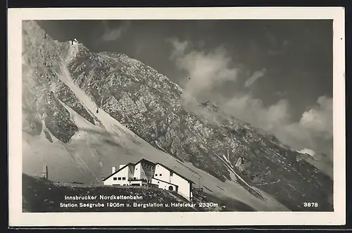 AK Berghütte an der Innsbrucker Nordkettenbahn, Bahnhof Seegrube u. Bergstation u. Hafelekar