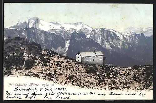 AK Landshuter Hütte, Berghütte mit Panorama