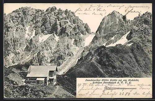 AK Innsbrucker Hütte am Habicht, Berghütte des ÖTC Sektion Innsbruck, Aussenansicht der Berghütte mit Blick gegen d. Berg