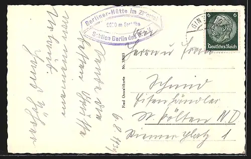 AK Berliner Hütte, Aussenansicht der Berghütte mit Mösele und Waxeggkees, mit Hüttenstempel