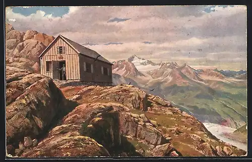 Künstler-AK Rudolf Reschreiter: Rauhekopfhütte, Bergpanorama