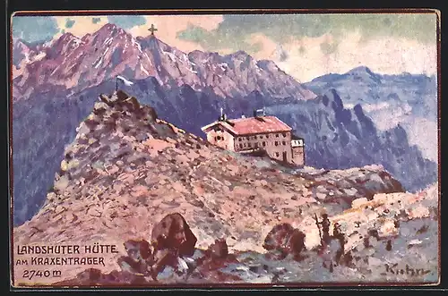 Künstler-AK Landshuter Hütte, Berghütte am Kraxentrager