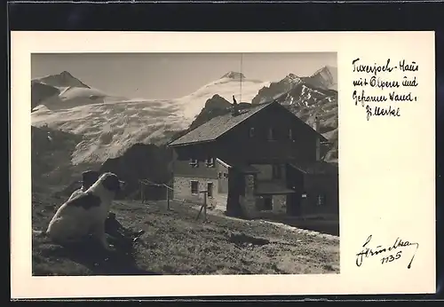 AK Tuxerjoch-Haus, Berghütte mit Olperer und Gefrorner Wand im Zillertal