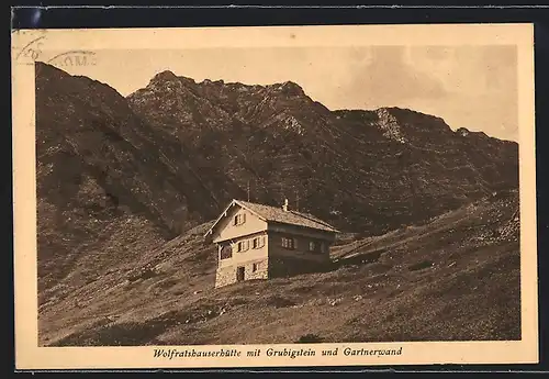 AK Wolfratshauserhütte, Berghütte mit Grubigstein und Gartnerwand